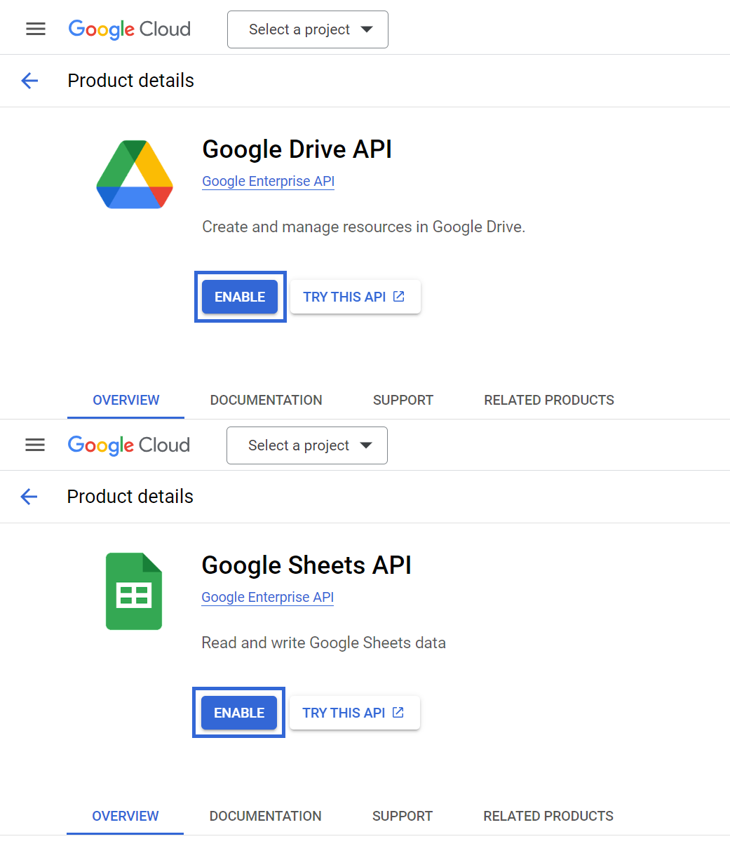 enable google drive and sheets APIs