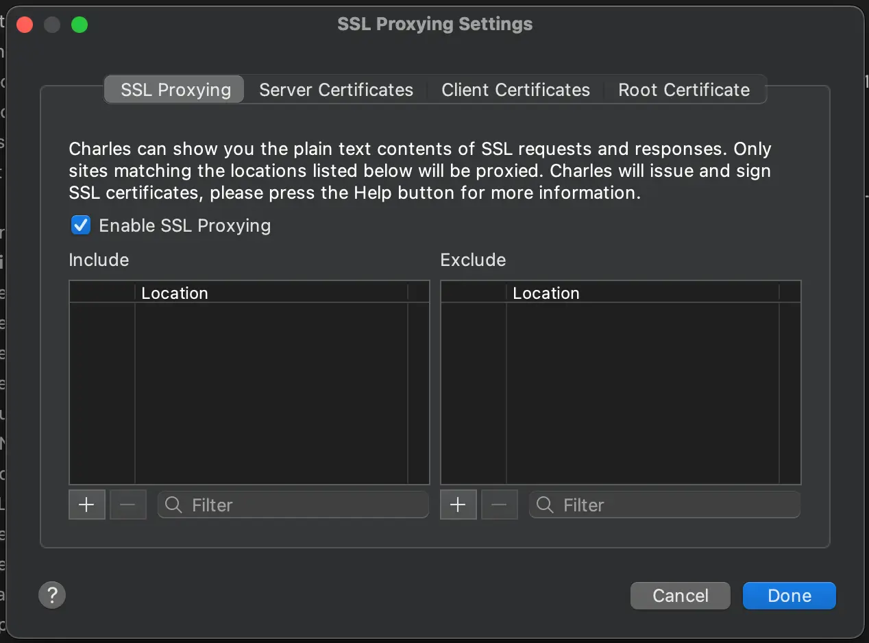 charles proxy SSL proxy settings page