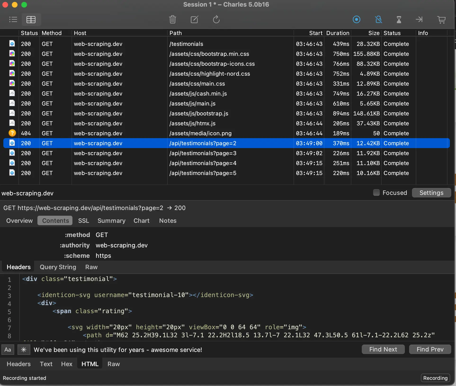 charles proxy example interception for web-scraping.dev test page