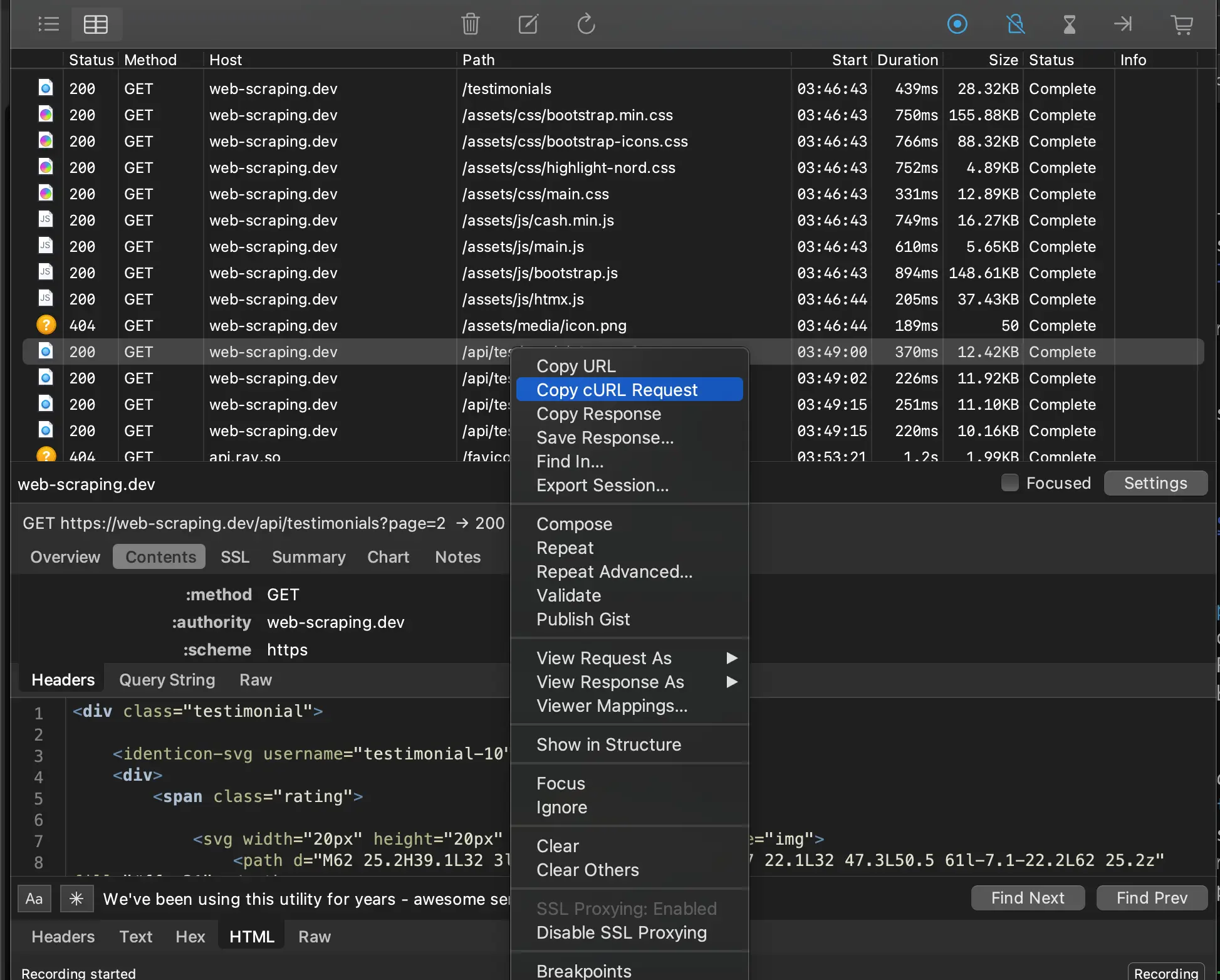 charles proxy copy cURL Request example