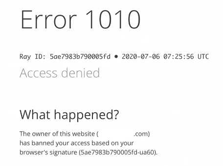 screenshot of cloudflare error 1010