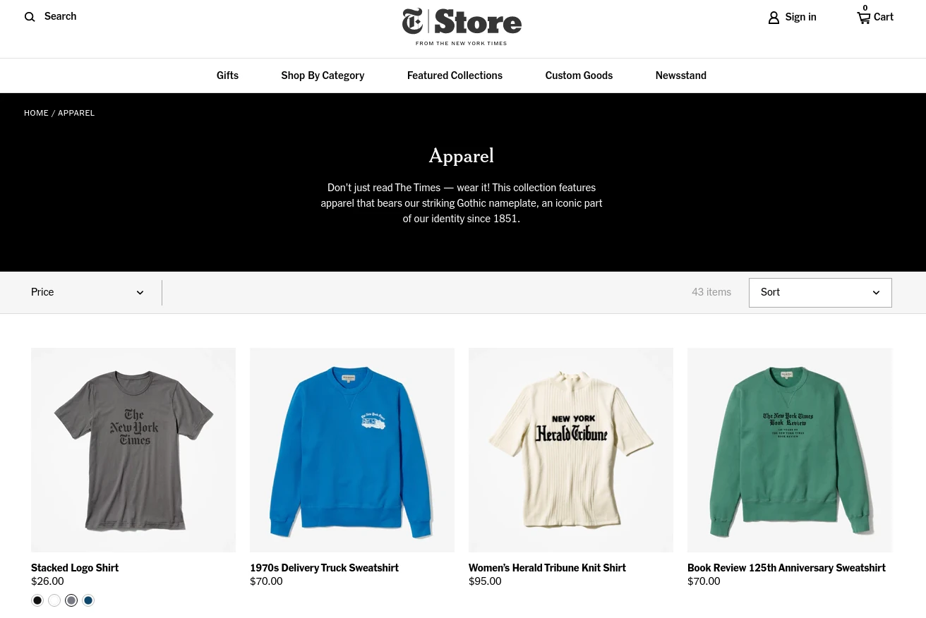 screencap of nytimes store homepage