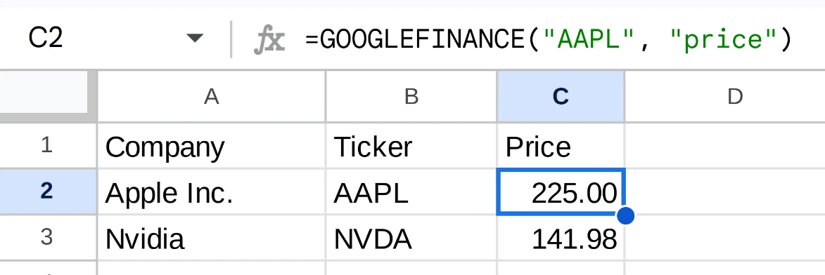 GOOGLEFINANCE function on Google Sheets