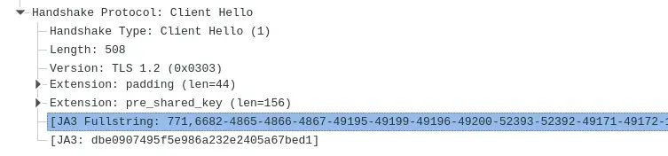 wireshark displaying JA3 fingerprint