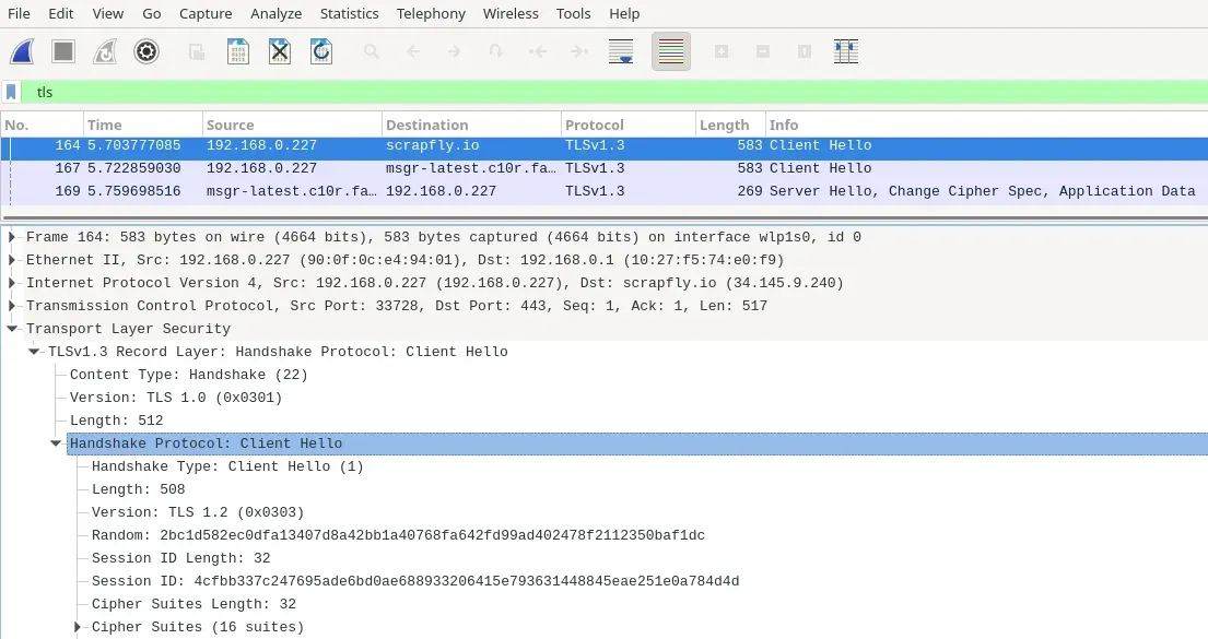 wireshark QT on linux inspect TLS hanshake