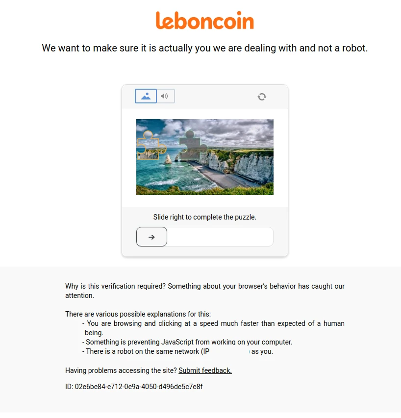 screenshot of Datadome block page on Leboncoin