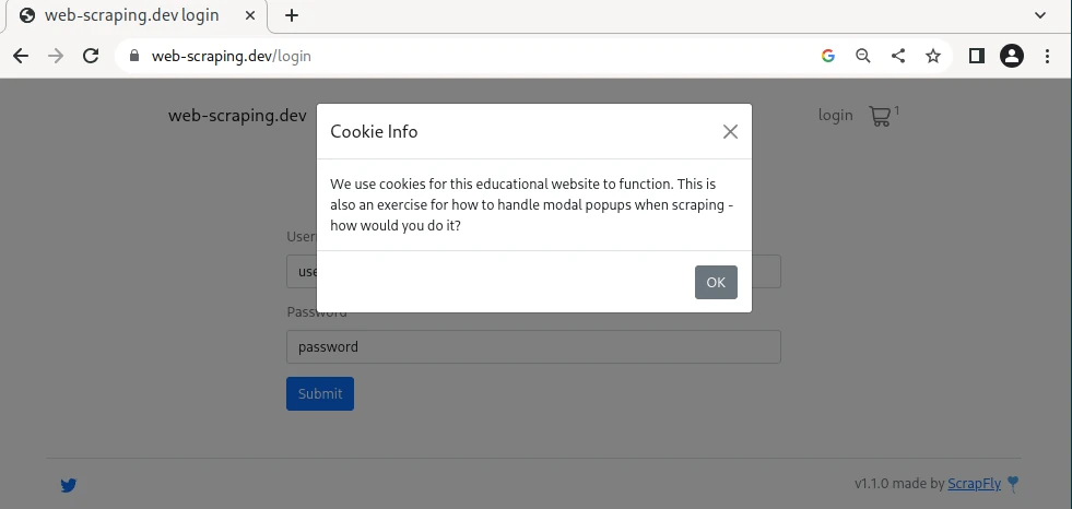 cookie consent popup on web-scraping.dev/login page