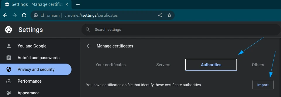 chrome settings to install certificates