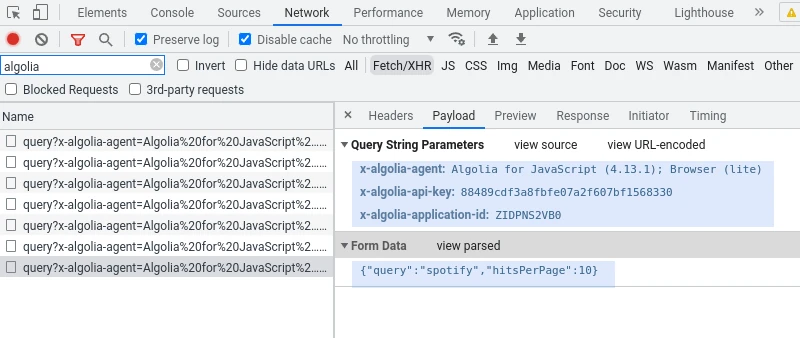 screengrab of network inspector when searching Algolia