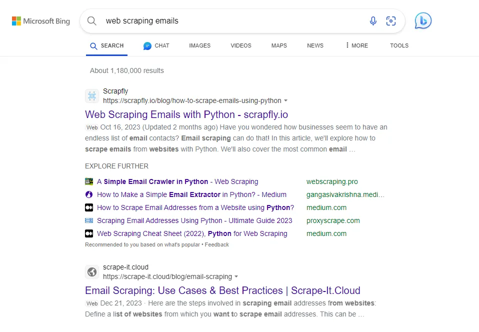 bing SERP results