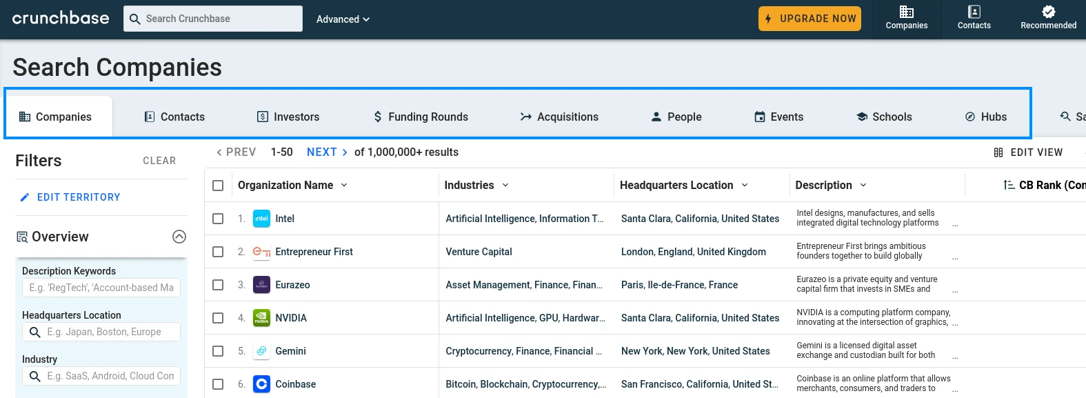 crunchbase discovery page