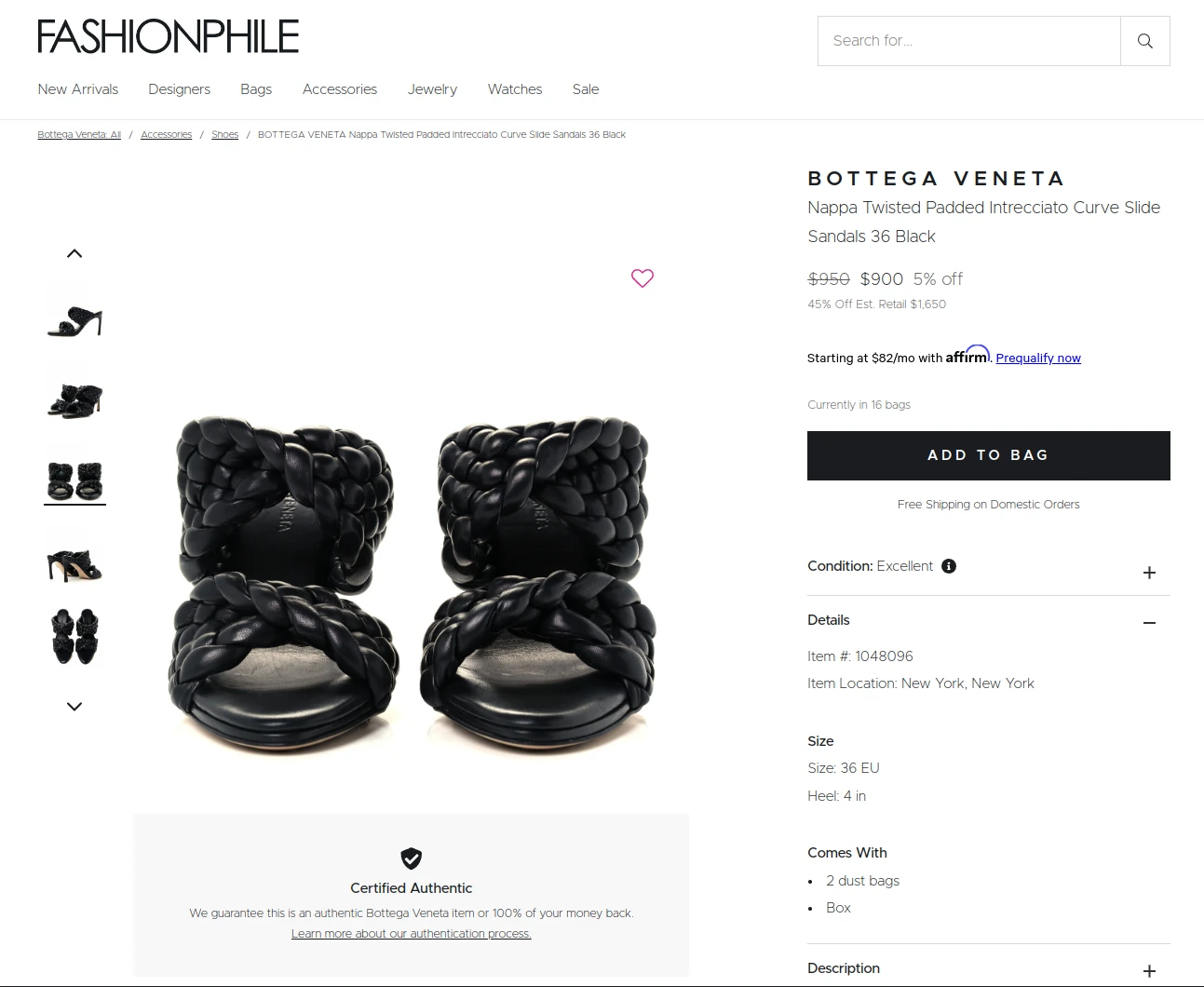 screen capture of fashionphile product page