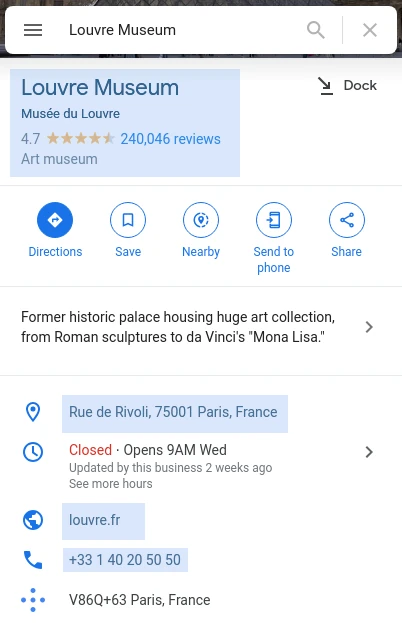 screen capture of Google Maps place profile