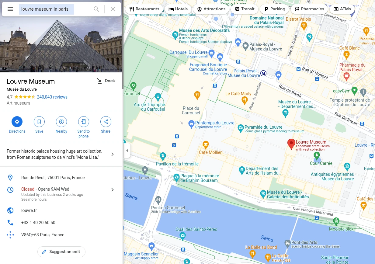 screen capture of google maps instant search results