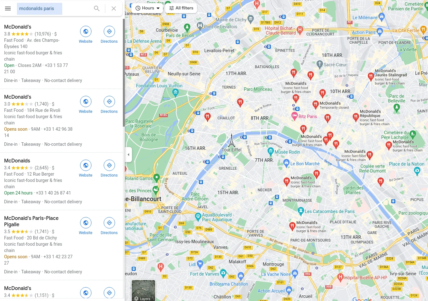 screen capture of google maps multi result search query
