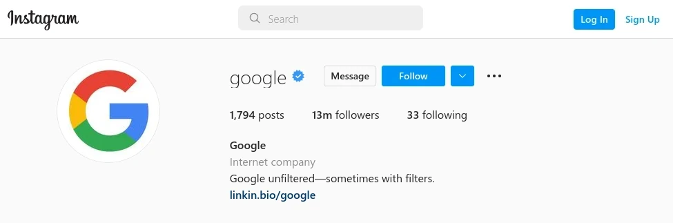 preview screenshot of Google's instagram profile summary