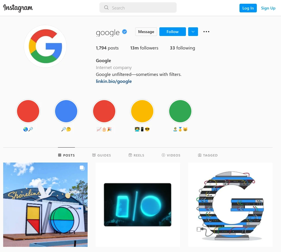 screenshot of google instagram page