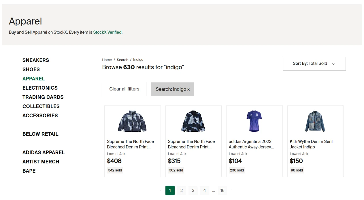 screencapture of StockX search page with filters