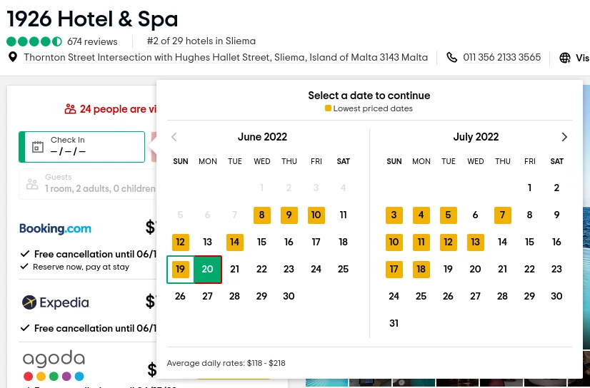 hotel pricing calendar of TripAdvisor.com