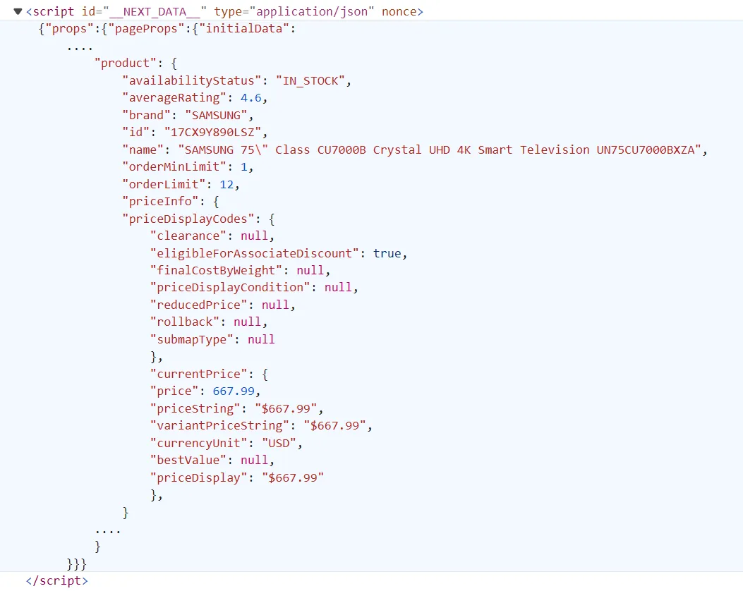 product data under JavaScript tag