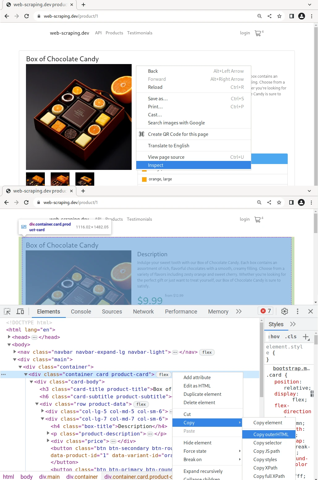 capturing html snippet using browser devtools