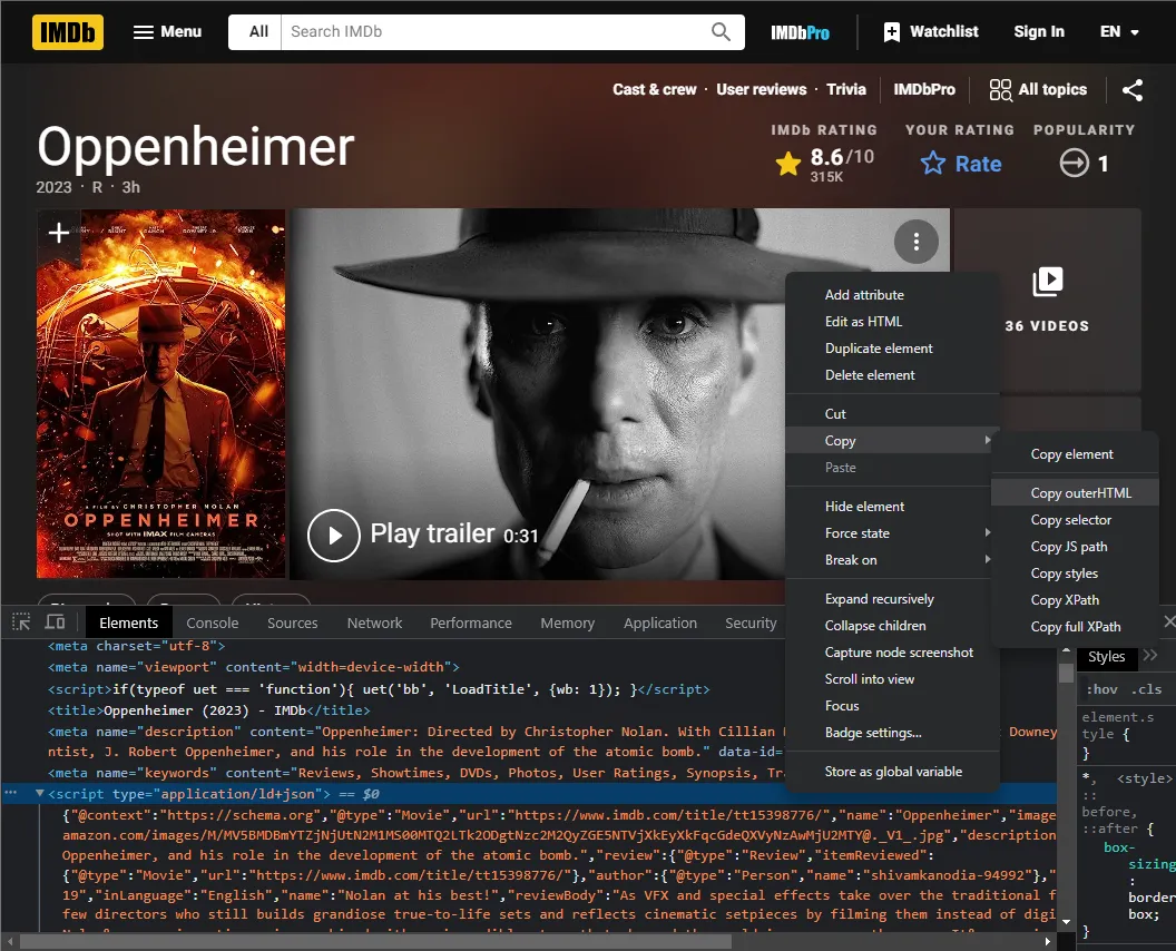 screen capture of oppenheimer imdb page source JSON data