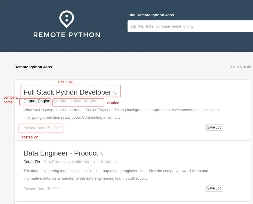 screengrab of job listings on remotepython.com